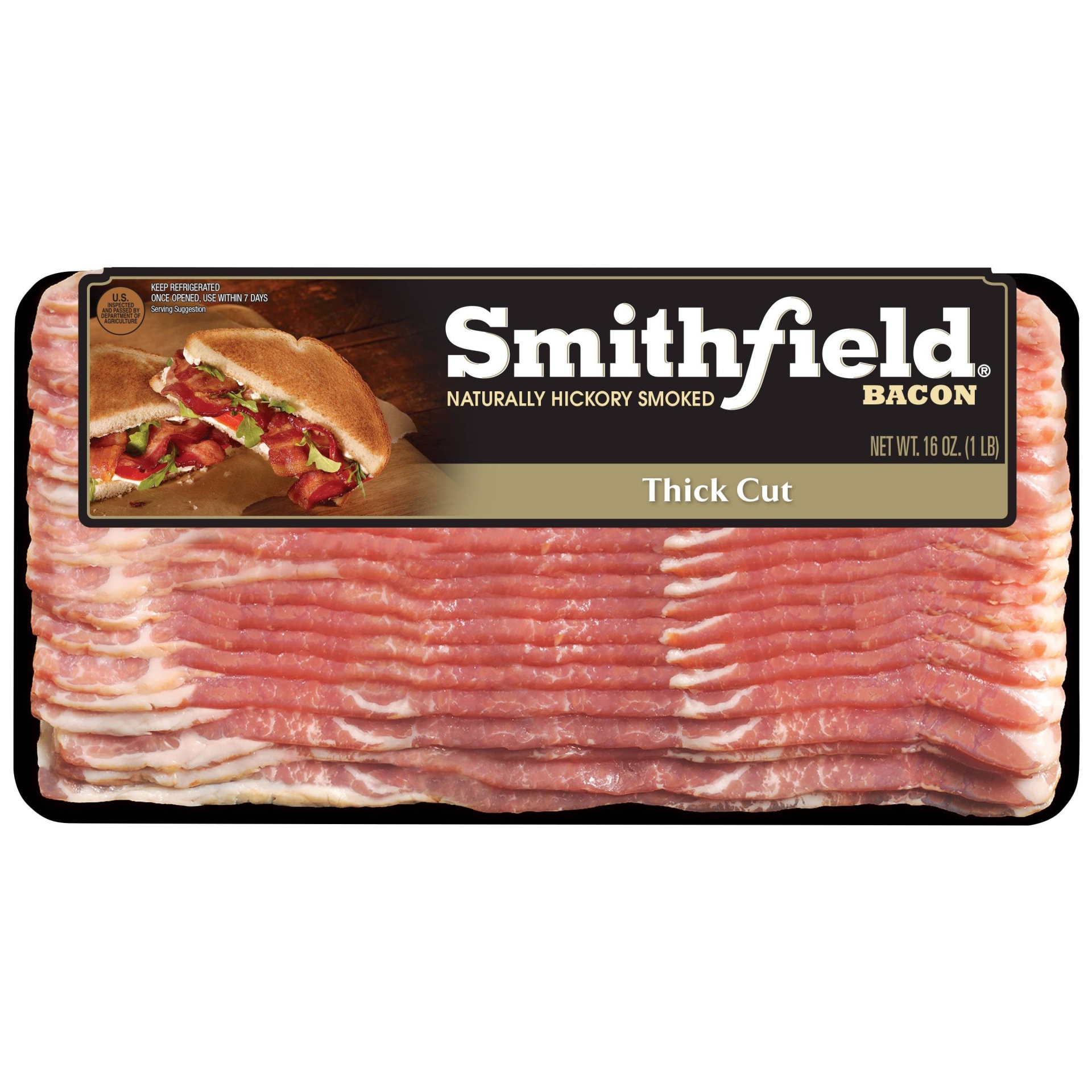 slide 1 of 1, Smithfield Thick Cut Hickory Smoked Bacon, 16 oz
