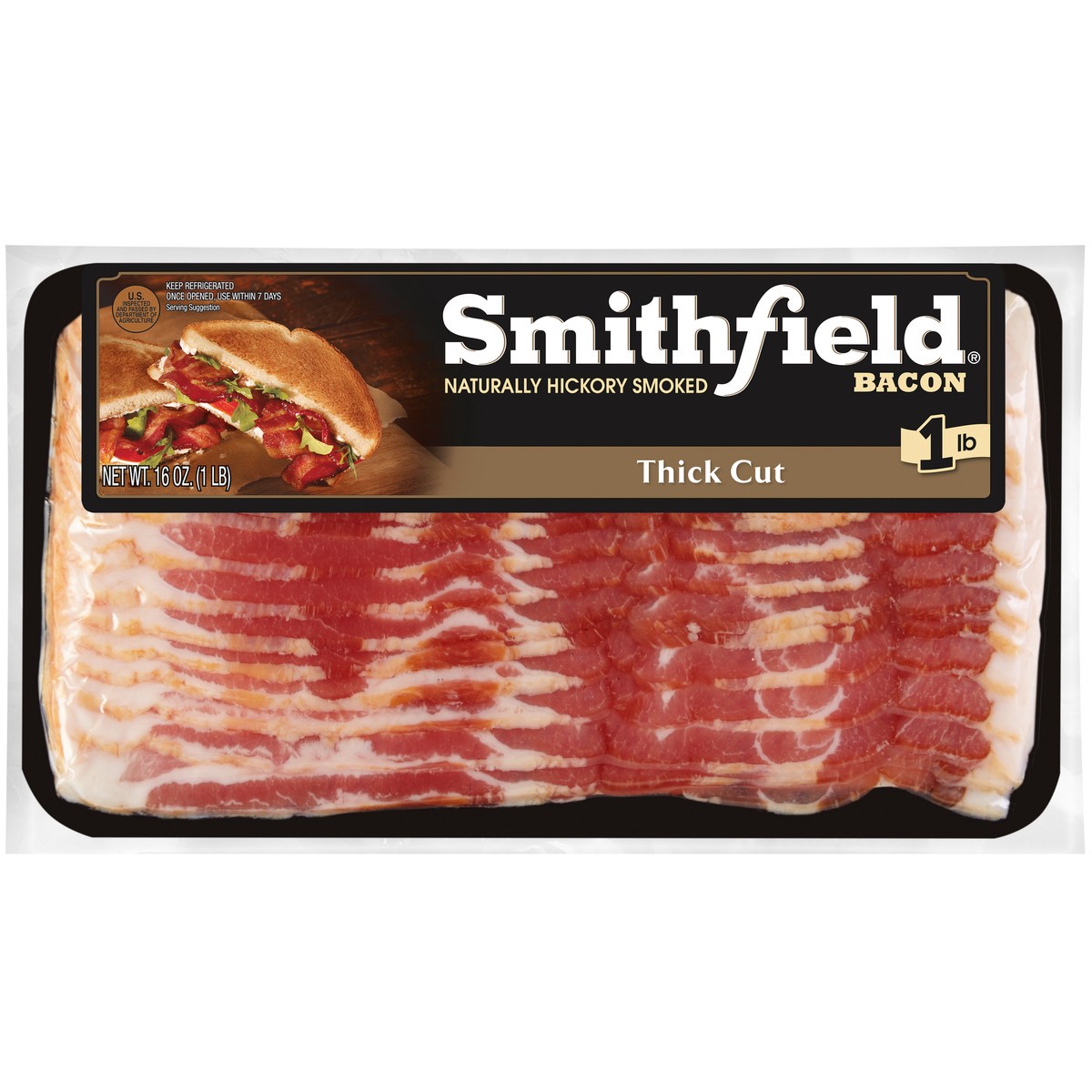 slide 1 of 3, Smithfield Thick Cut Bacon 16 oz, 1 lb