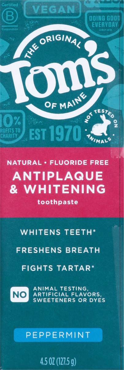 slide 5 of 16, Tom's Tom’s of Maine Antiplaque and Whitening Toothpaste, Fluoride Free, Peppermint, Single, 4.5 Oz, 4.5 oz