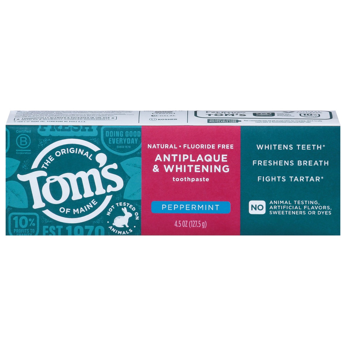 slide 4 of 16, Tom's Tom’s of Maine Antiplaque and Whitening Toothpaste, Fluoride Free, Peppermint, Single, 4.5 Oz, 4.5 oz