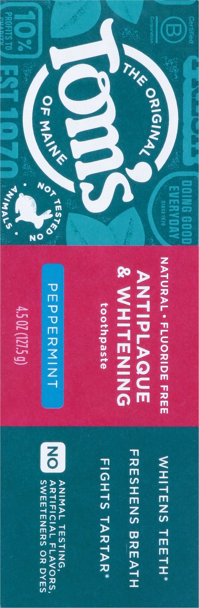 slide 9 of 16, Tom's Tom’s of Maine Antiplaque and Whitening Toothpaste, Fluoride Free, Peppermint, Single, 4.5 Oz, 4.5 oz