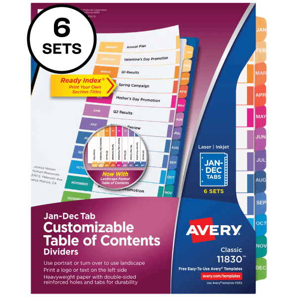 slide 9 of 9, Avery® Ready Index® Dividers, Jan-Dec Tab & Customizable Table of Contents, 8-1/2"" x 11"", Multicolor, 12 Dividers Per Pack, Set Of 6 Packs, 1 ct