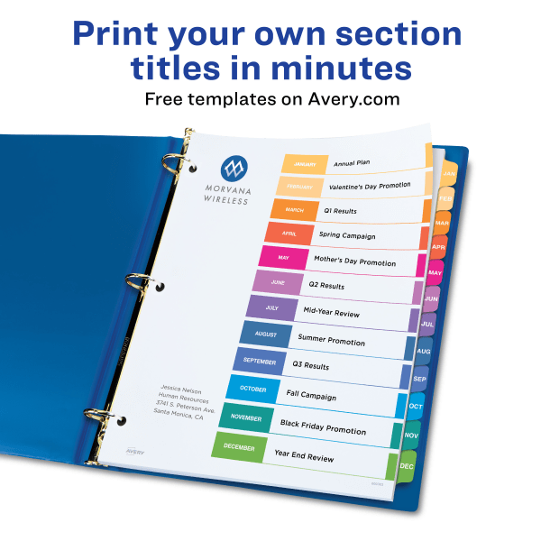 slide 2 of 9, Avery® Ready Index® Dividers, Jan-Dec Tab & Customizable Table of Contents, 8-1/2"" x 11"", Multicolor, 12 Dividers Per Pack, Set Of 6 Packs, 1 ct