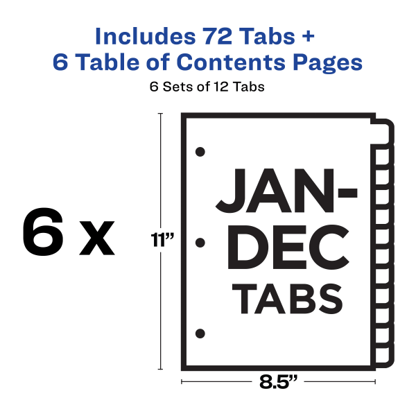slide 5 of 9, Avery® Ready Index® Dividers, Jan-Dec Tab & Customizable Table of Contents, 8-1/2"" x 11"", Multicolor, 12 Dividers Per Pack, Set Of 6 Packs, 1 ct