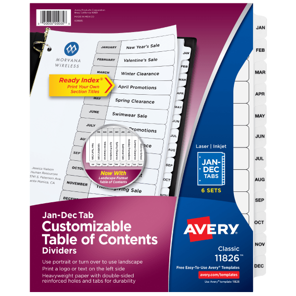 slide 1 of 9, Avery® Ready Index® Dividers, Jan-Dec Tab & Customizable Table of Contents, 8-1/2"" x 11"", Multicolor, 12 Dividers Per Pack, Set Of 6 Packs, 1 ct