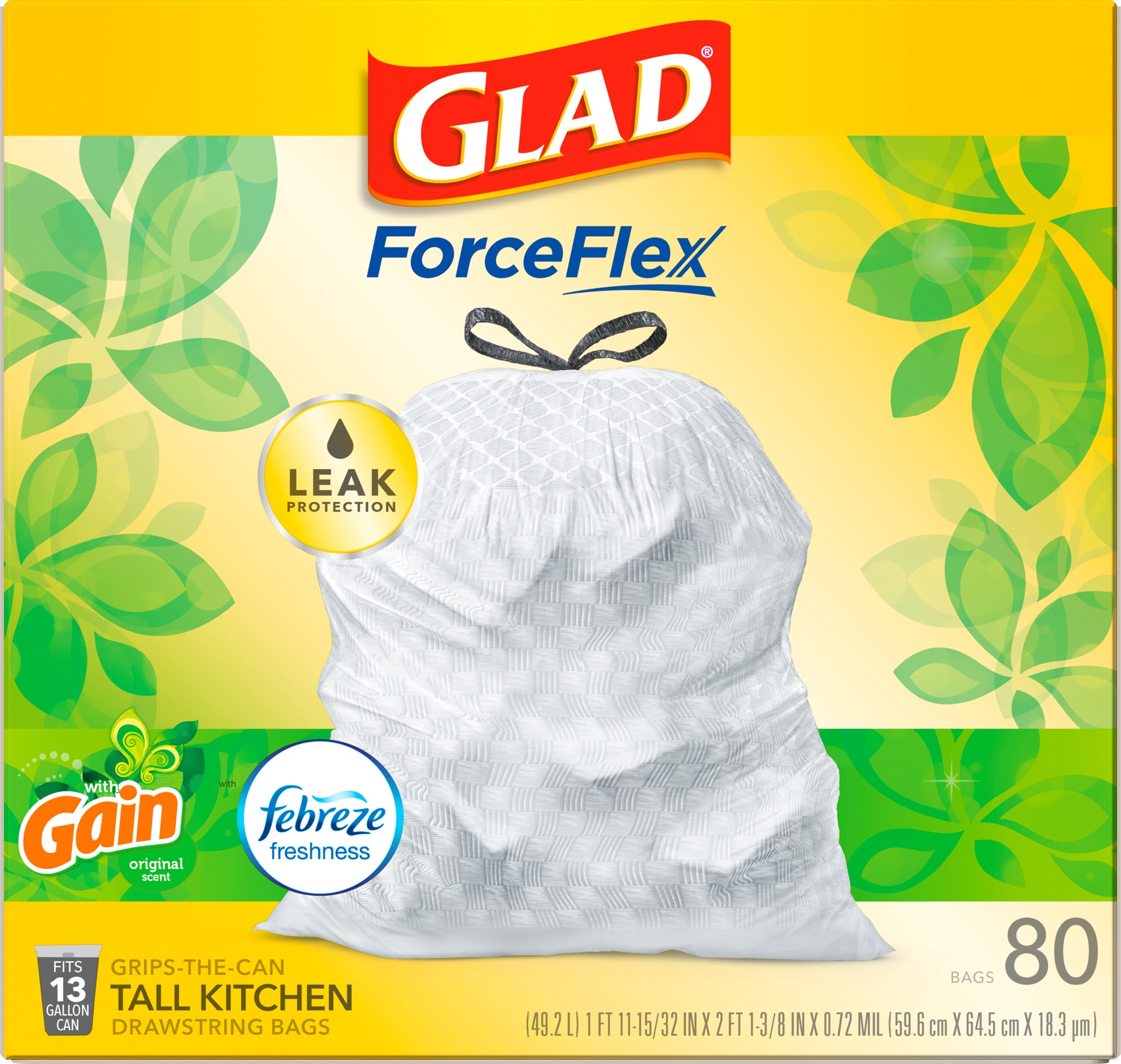 slide 2 of 5, Glad Force Flex Drawstring Gain Original Odor Shield 13 Gallon 80ct FM01, 80 ct