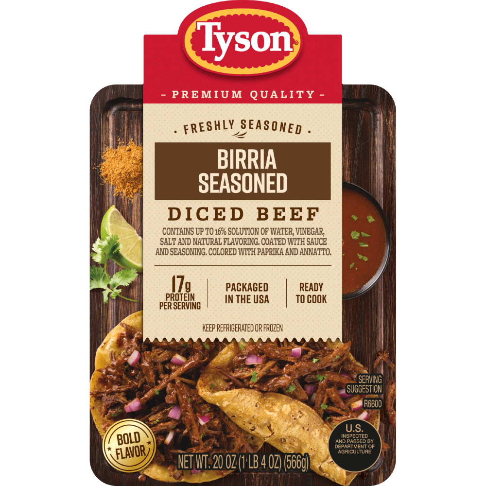 slide 6 of 6, Tyson Birria Seasoned Diced Beef Boneless Ready to Cook, 56.70 g