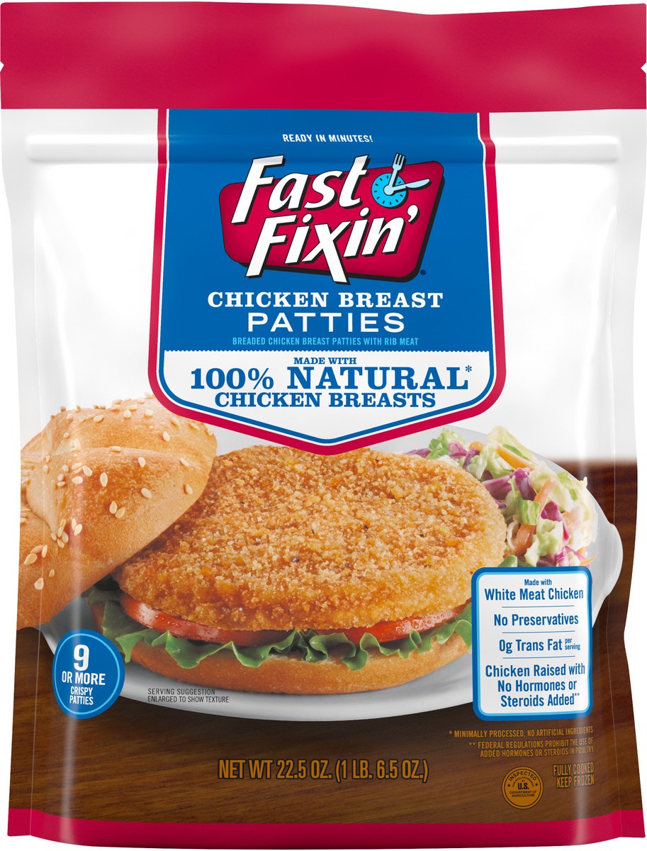 slide 5 of 5, Fast Fixin' Chicken Breast Patties, 22.5 oz (Frozen), 637.86 g