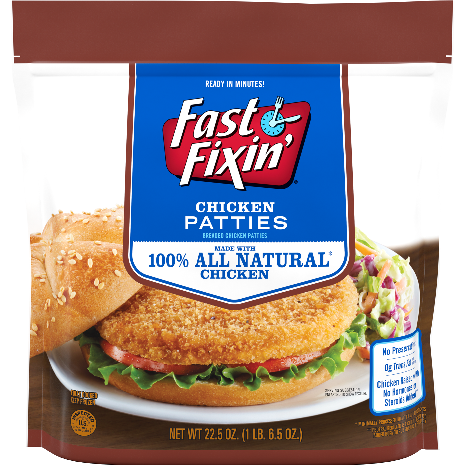 slide 1 of 5, Fast Fixin' Chicken Breast Patties, 22.5 oz (Frozen), 637.86 g