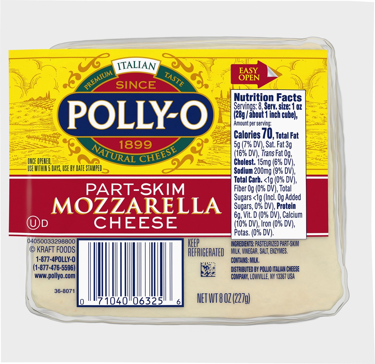 slide 2 of 10, Polly-O Part-Skim Mozzarella Cheese Chunk, 8 oz Pack, 8 oz