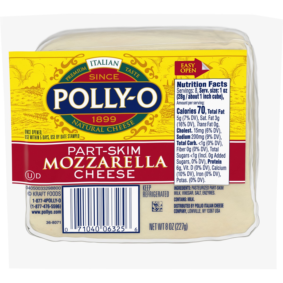 slide 1 of 10, Polly-O Part-Skim Mozzarella Cheese Chunk, 8 oz Pack, 8 oz