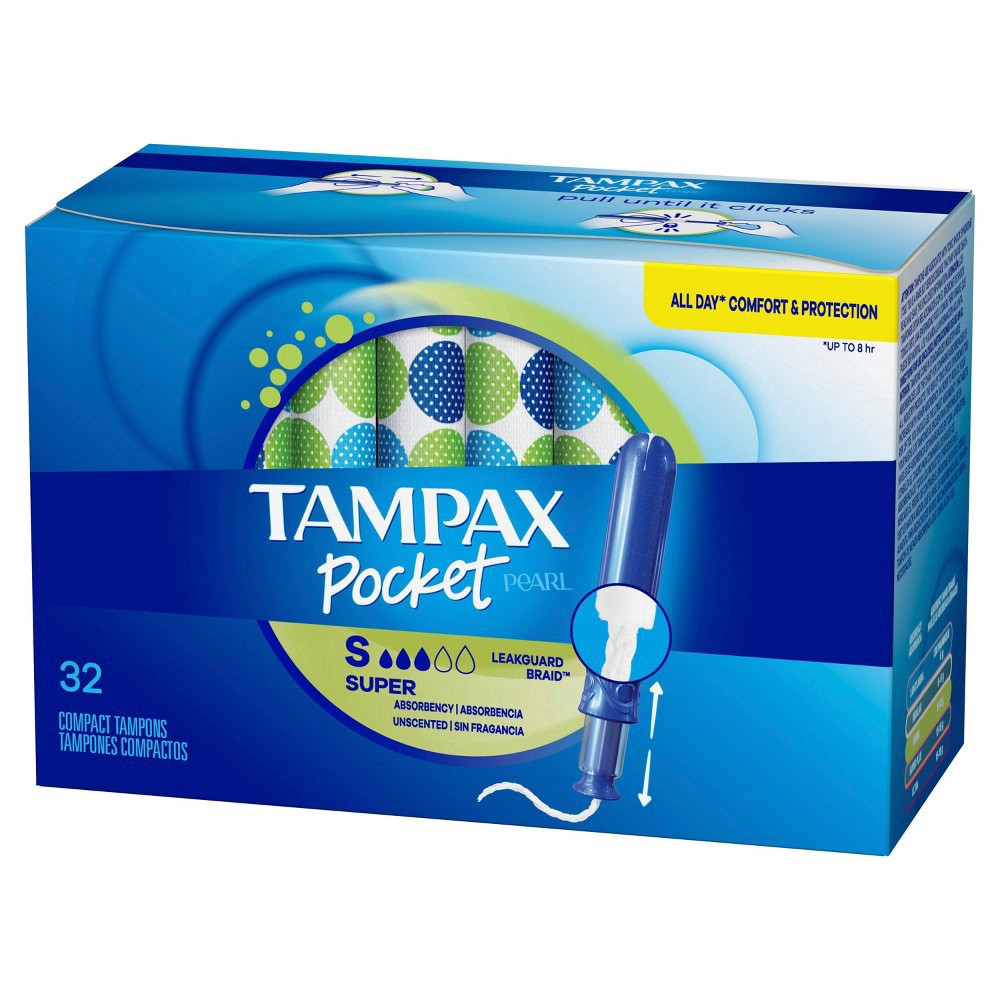 slide 7 of 8, Tampax Pocket Pearl Compact Tampons Super Absorbency with BPA-Free Plastic Applicator and LeakGuard Braid, Unscented, 32 Count, 32 ct