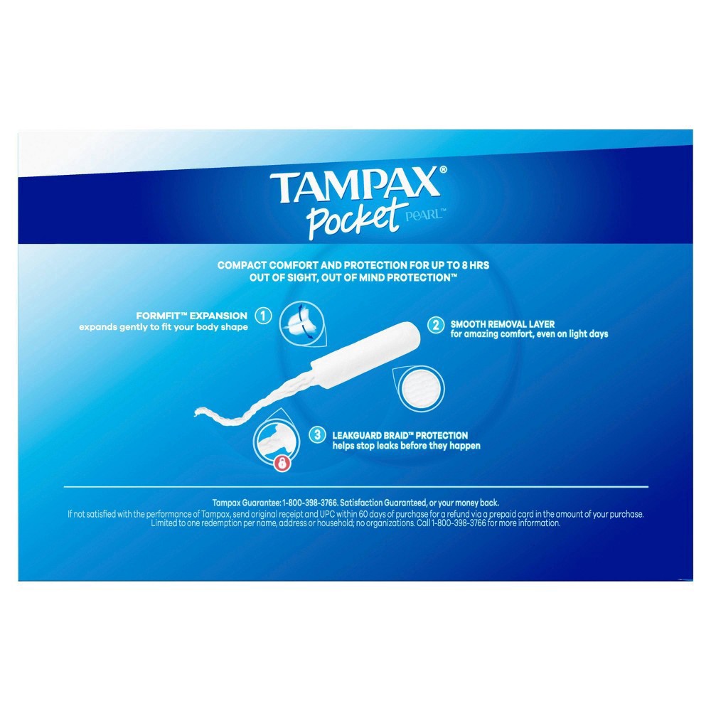 slide 8 of 8, Tampax Pocket Pearl Compact Tampons Super Absorbency with BPA-Free Plastic Applicator and LeakGuard Braid, Unscented, 32 Count, 32 ct