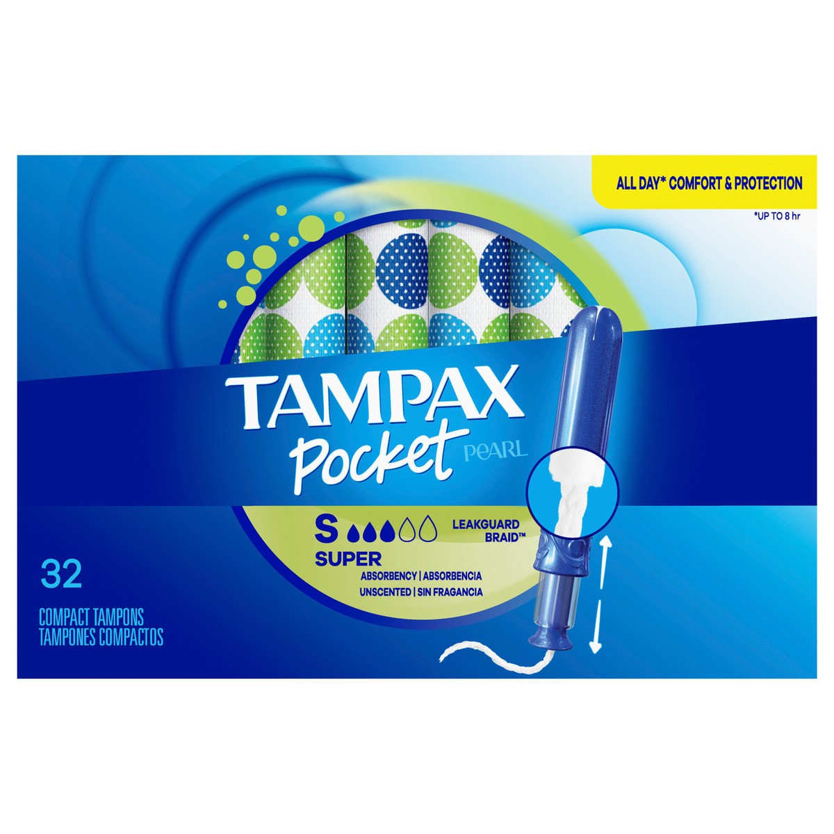 slide 1 of 8, Tampax Pocket Pearl Compact Tampons Super Absorbency with BPA-Free Plastic Applicator and LeakGuard Braid, Unscented, 32 Count, 32 ct