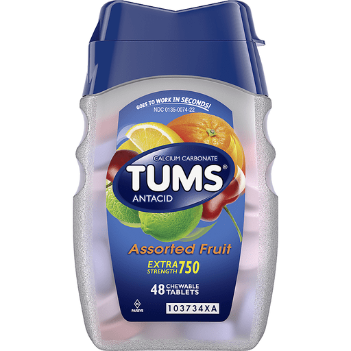 slide 5 of 11, TUMS Chewable Antacid Tablets for Extra Strength Heartburn Relief, Assorted Fruit Flavors - 48 Count, 48 ct