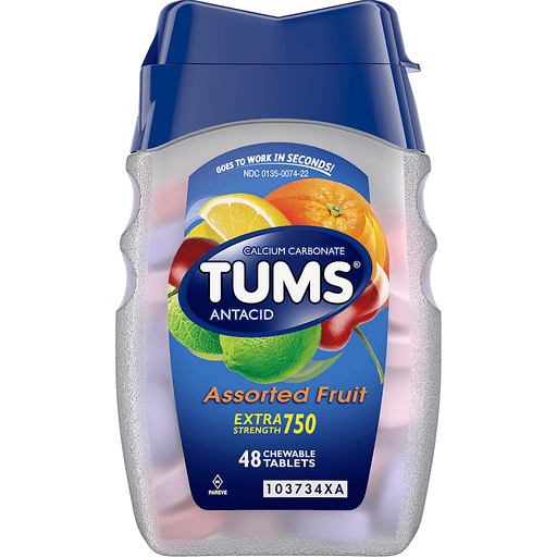 slide 2 of 11, TUMS Chewable Antacid Tablets for Extra Strength Heartburn Relief, Assorted Fruit Flavors - 48 Count, 48 ct