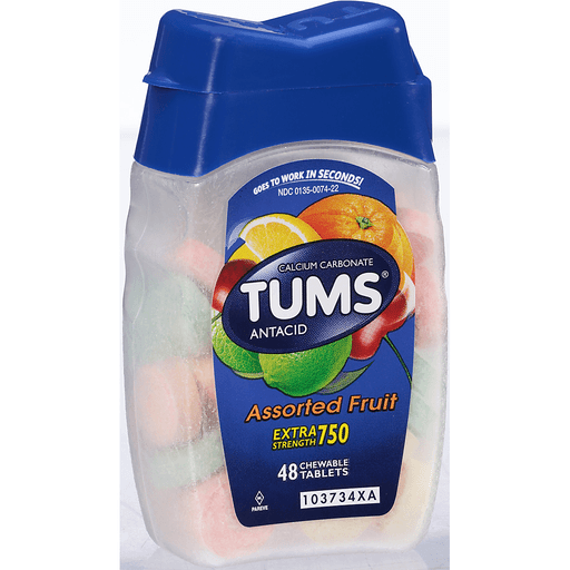 slide 3 of 11, TUMS Chewable Antacid Tablets for Extra Strength Heartburn Relief, Assorted Fruit Flavors - 48 Count, 48 ct