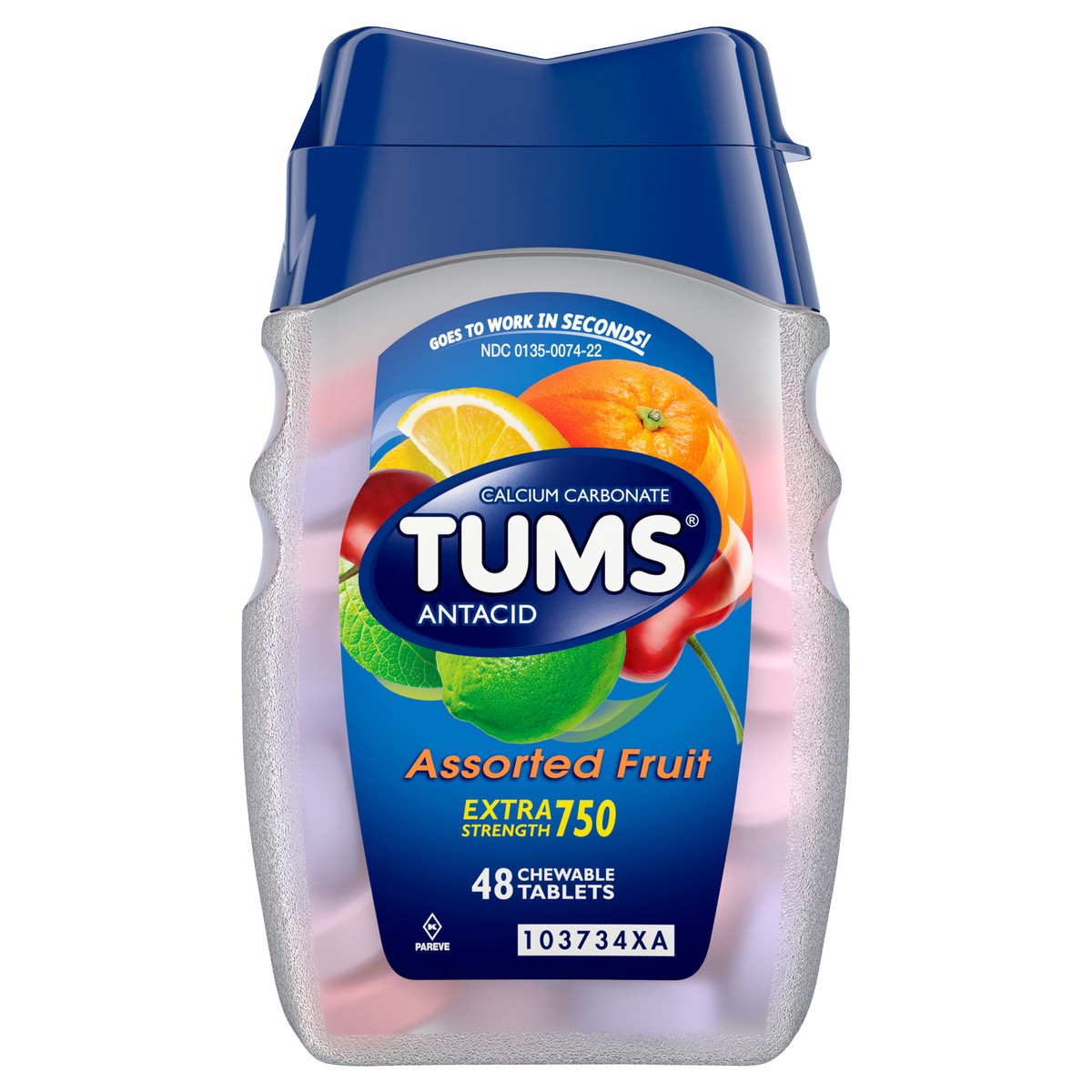 slide 1 of 11, TUMS Chewable Antacid Tablets for Extra Strength Heartburn Relief, Assorted Fruit Flavors - 48 Count, 48 ct