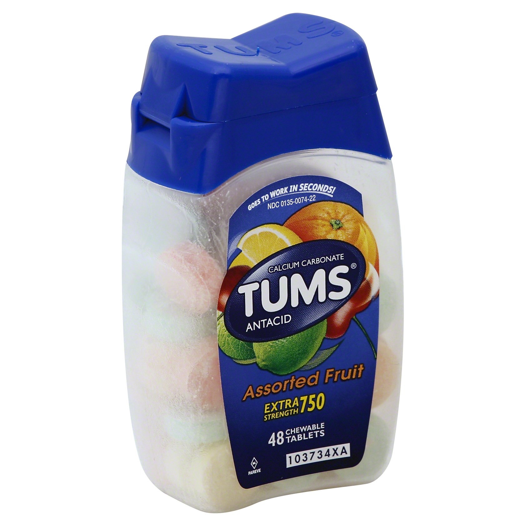 slide 1 of 1, TUMS Chewable Antacid Tablets for Extra Strength Heartburn Relief, Assorted Fruit Flavors - 48 Count, 48 ct