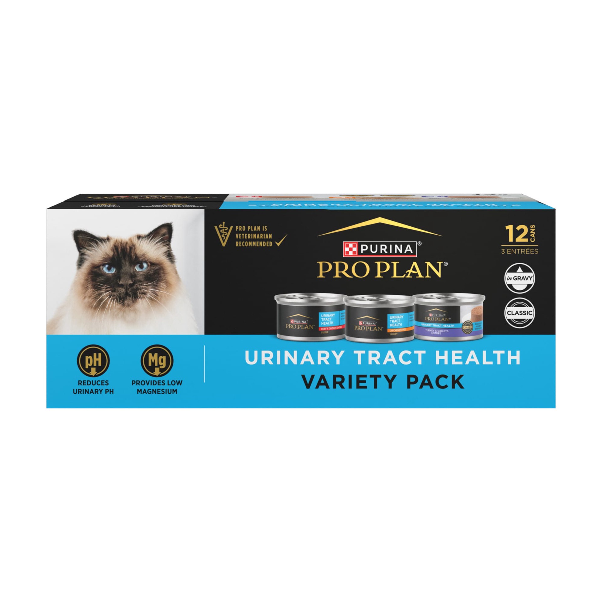 slide 1 of 8, Pro Plan Purina Pro Plan Urinary Cat Food Wet Variety Pack Urinary Tract Health Chicken, Beef and Chicken, and Turkey and Giblets, 2.25 lb