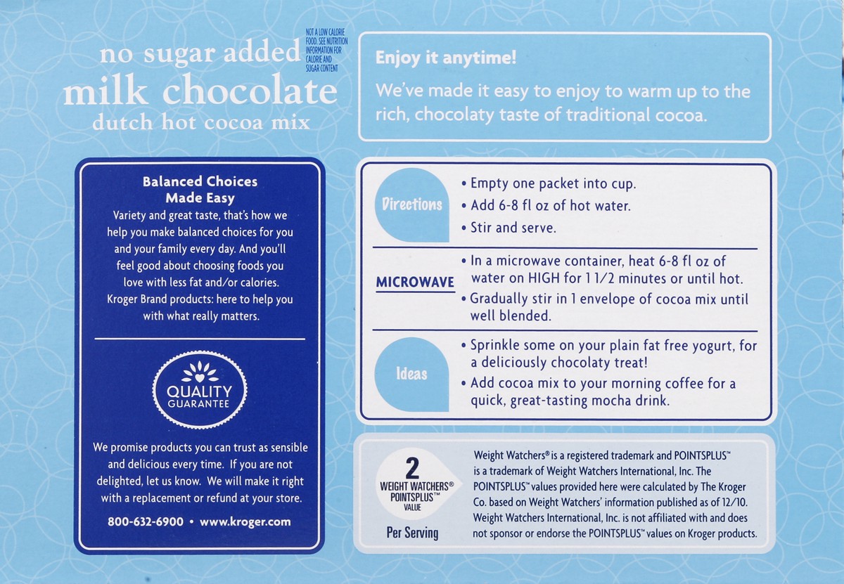 slide 2 of 6, Kroger Milk Chocolate Dutch Hot Cocoa Mix - No Sugar Added, 8 ct; 0.52 oz