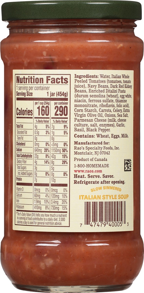 slide 9 of 9, Rao's Homemade Rao's Made for Home Pasta Fagioli Soup, 16oz, Real Vegetables, Traditional Italian Heat and Serve Soup, 16 oz