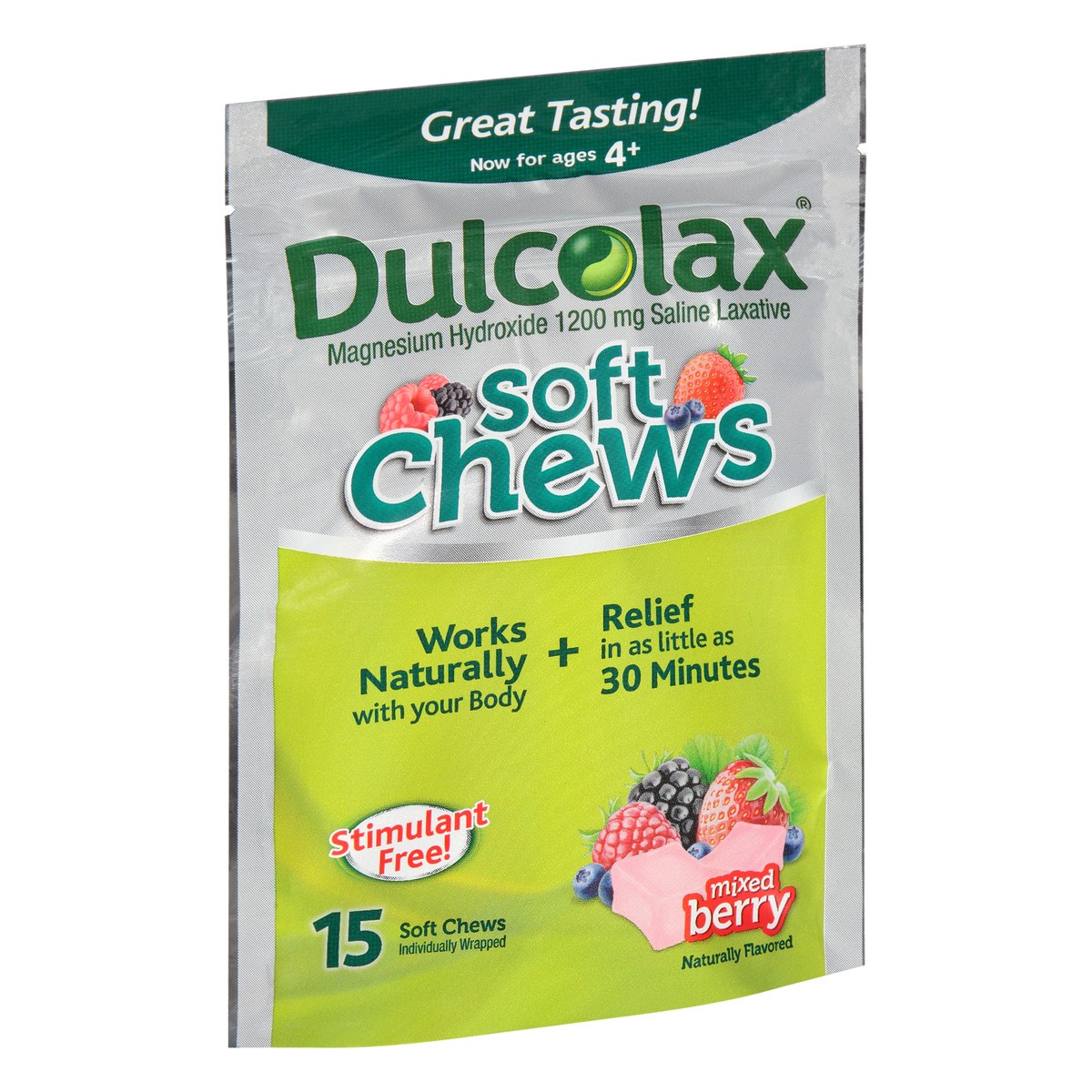 slide 4 of 9, Dulcolax Soft Chews Saline Laxative Mixed Berry (15ct) Gentle Constipation Relief, Magnesium Hydroxide 1200mg, 15 ct