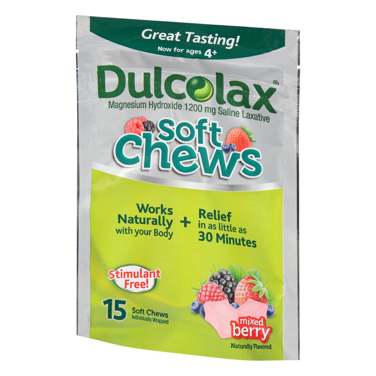 slide 9 of 9, Dulcolax Soft Chews Saline Laxative Mixed Berry (15ct) Gentle Constipation Relief, Magnesium Hydroxide 1200mg, 15 ct