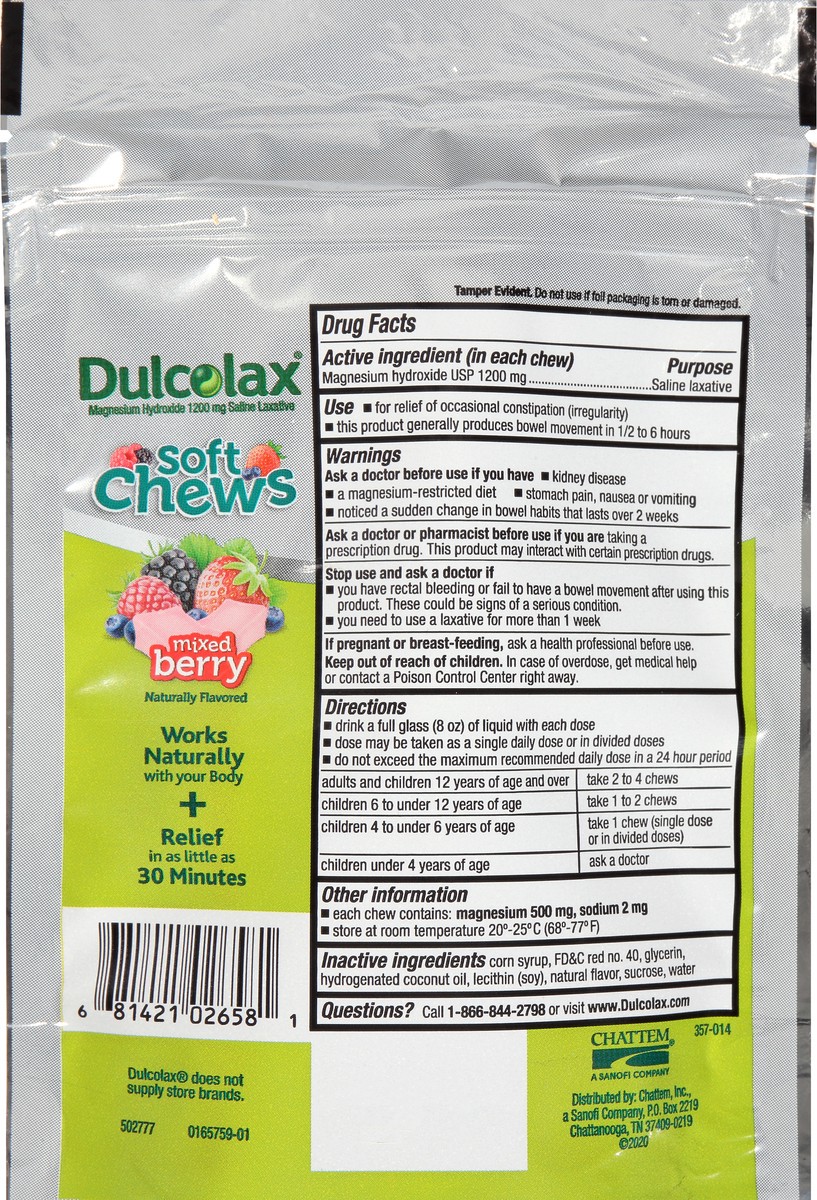 slide 8 of 9, Dulcolax Soft Chews Saline Laxative Mixed Berry (15ct) Gentle Constipation Relief, Magnesium Hydroxide 1200mg, 15 ct