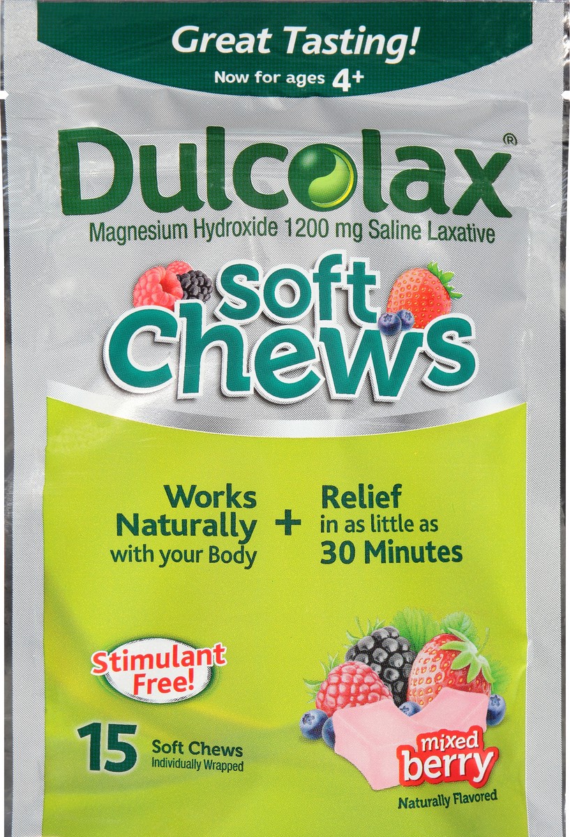 slide 3 of 9, Dulcolax Soft Chews Saline Laxative Mixed Berry (15ct) Gentle Constipation Relief, Magnesium Hydroxide 1200mg, 15 ct