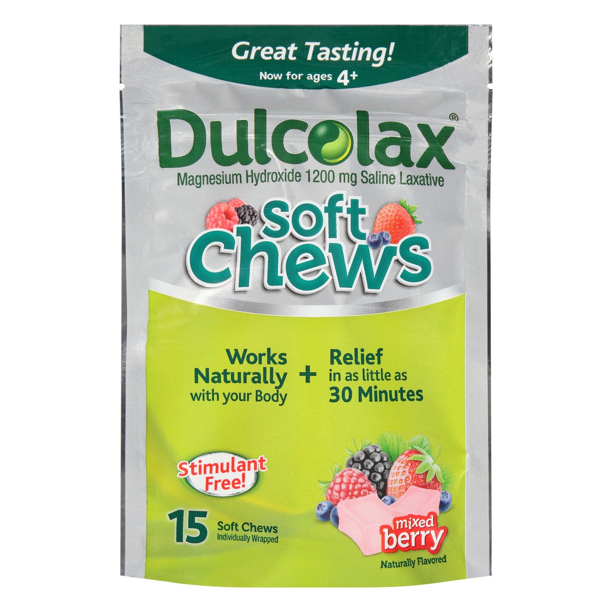 slide 1 of 9, Dulcolax Soft Chews Saline Laxative Mixed Berry (15ct) Gentle Constipation Relief, Magnesium Hydroxide 1200mg, 15 ct