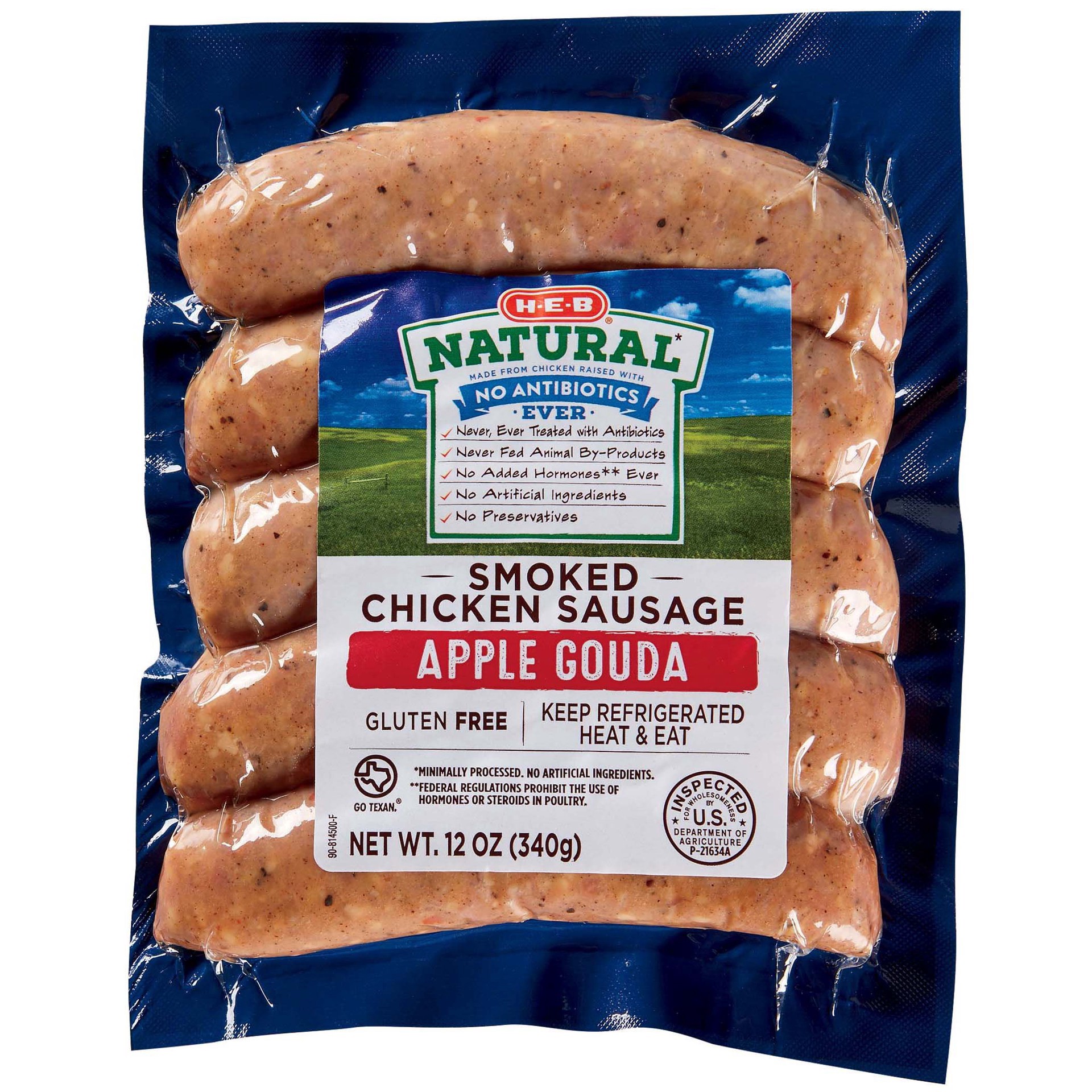 slide 1 of 1, H-E-B Chicken Sausage with Apple Gouda, 12 oz