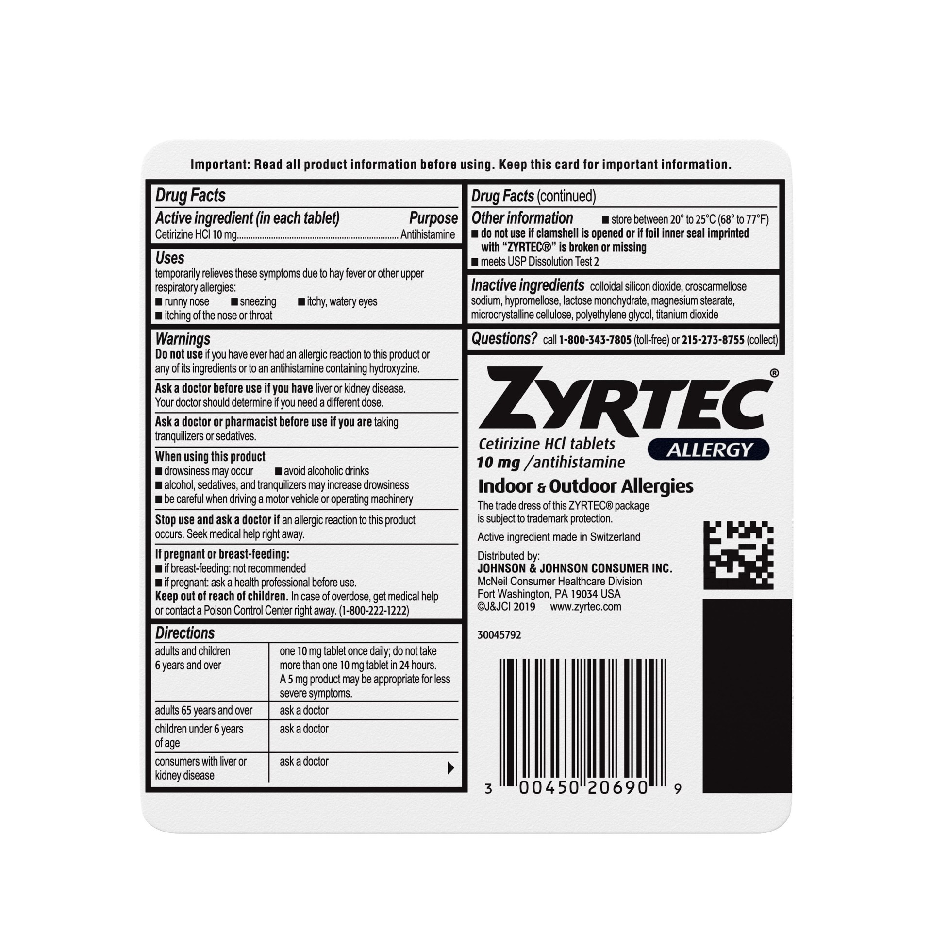 slide 4 of 10, Zyrtec 24 Hour Allergy Relief Tablets, Indoor & Outdoor Allergy Medicine with 10 mg Cetirizine HCl per Antihistamine Tablet, Relief of Allergies Caused by Ragweed & Tree Pollen, 90 ct, 90 ct