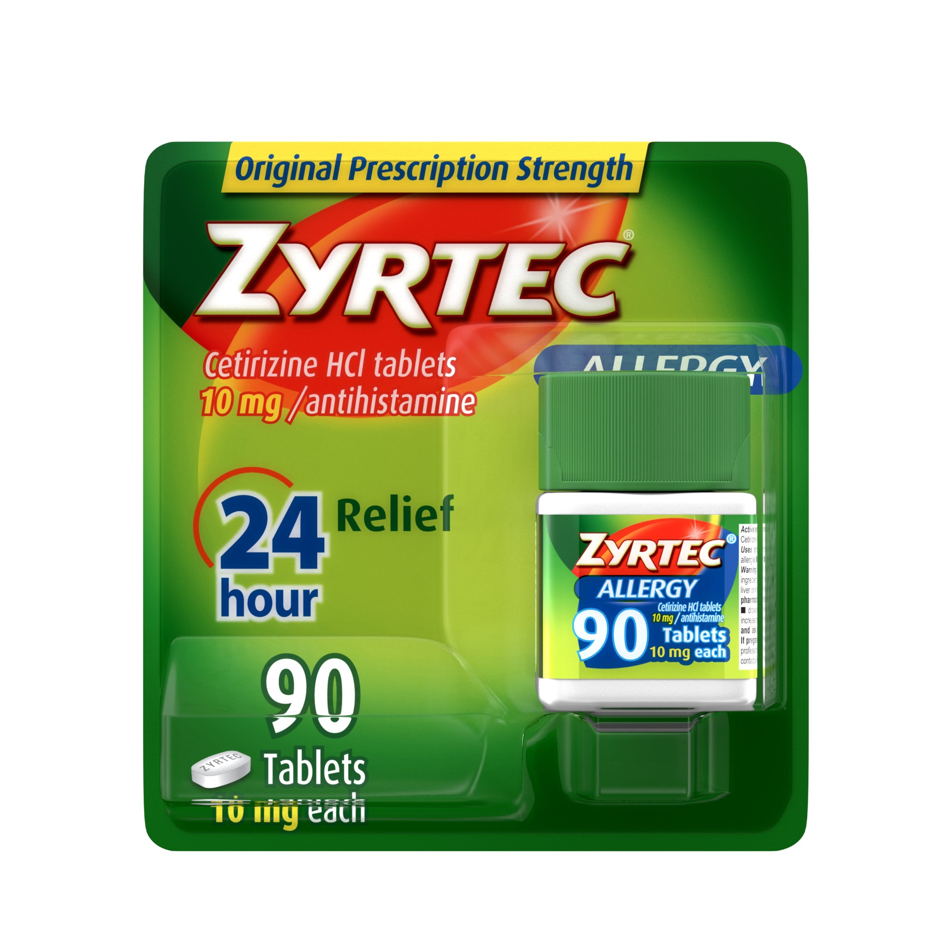 slide 1 of 1, Zyrtec 24 Hour Allergy Relief Tablets, Indoor & Outdoor Allergy Medicine with Cetirizine HCl per Antihistamine Tablet, Relief from Runny Nose, Sneezing, Itchy Eyes & More, 90 ct