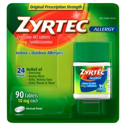 Zyrtec 24 Hour Allergy Relief Tablets, Indoor & Outdoor Allergy Medicine with 10 mg Cetirizine HCl per Antihistamine Tablet, Relief from Runny Nose, Sneezing, Itchy Eyes & More, 90 ct
