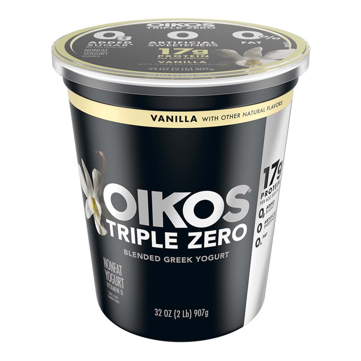 slide 6 of 14, Oikos Triple Zero Vanilla Nonfat Greek Yogurt Tub, 0% Fat, 0g Added Sugar and 0 Artificial Sweeteners, Just Delicious High Protein Yogurt, 32 OZ, 32 oz
