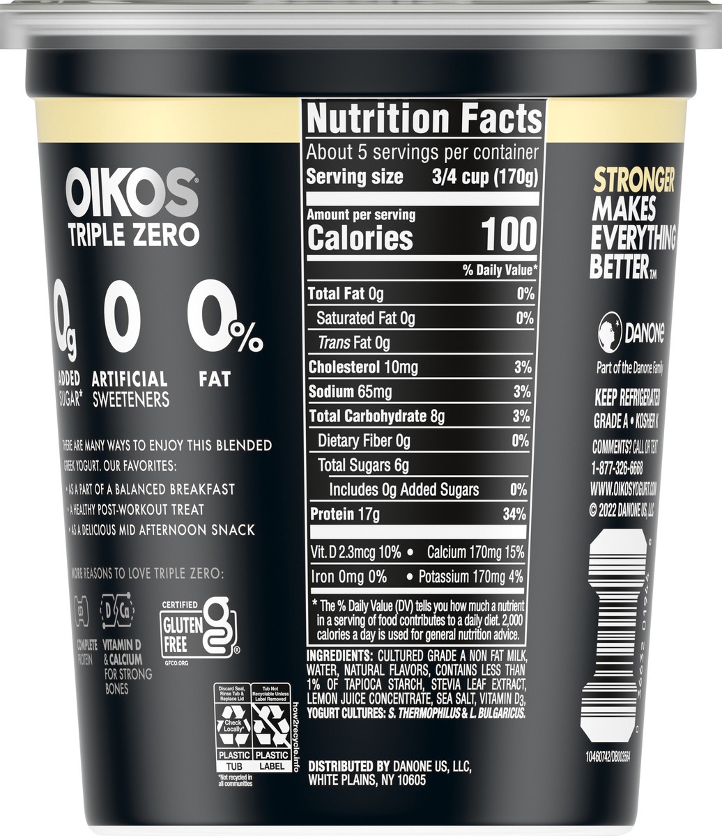 slide 7 of 14, Oikos Triple Zero Vanilla Nonfat Greek Yogurt Tub, 0% Fat, 0g Added Sugar and 0 Artificial Sweeteners, Just Delicious High Protein Yogurt, 32 OZ, 32 oz