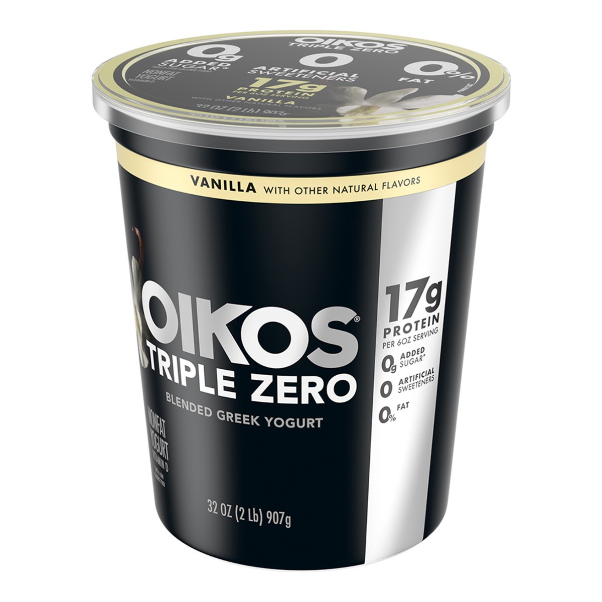slide 2 of 14, Oikos Triple Zero Vanilla Nonfat Greek Yogurt Tub, 0% Fat, 0g Added Sugar and 0 Artificial Sweeteners, Just Delicious High Protein Yogurt, 32 OZ, 32 oz