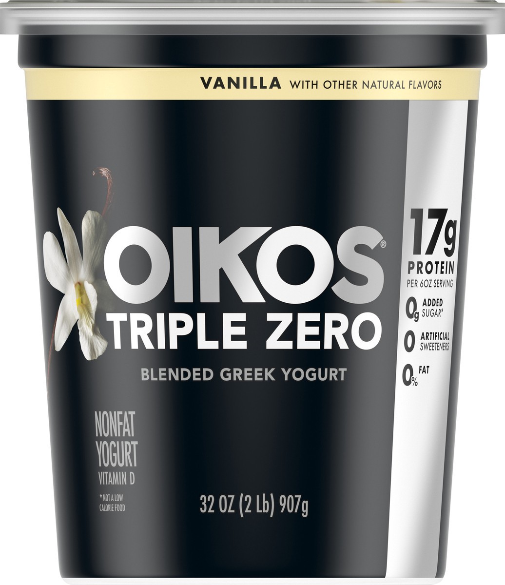 slide 9 of 14, Oikos Triple Zero Vanilla Nonfat Greek Yogurt Tub, 0% Fat, 0g Added Sugar and 0 Artificial Sweeteners, Just Delicious High Protein Yogurt, 32 OZ, 32 oz