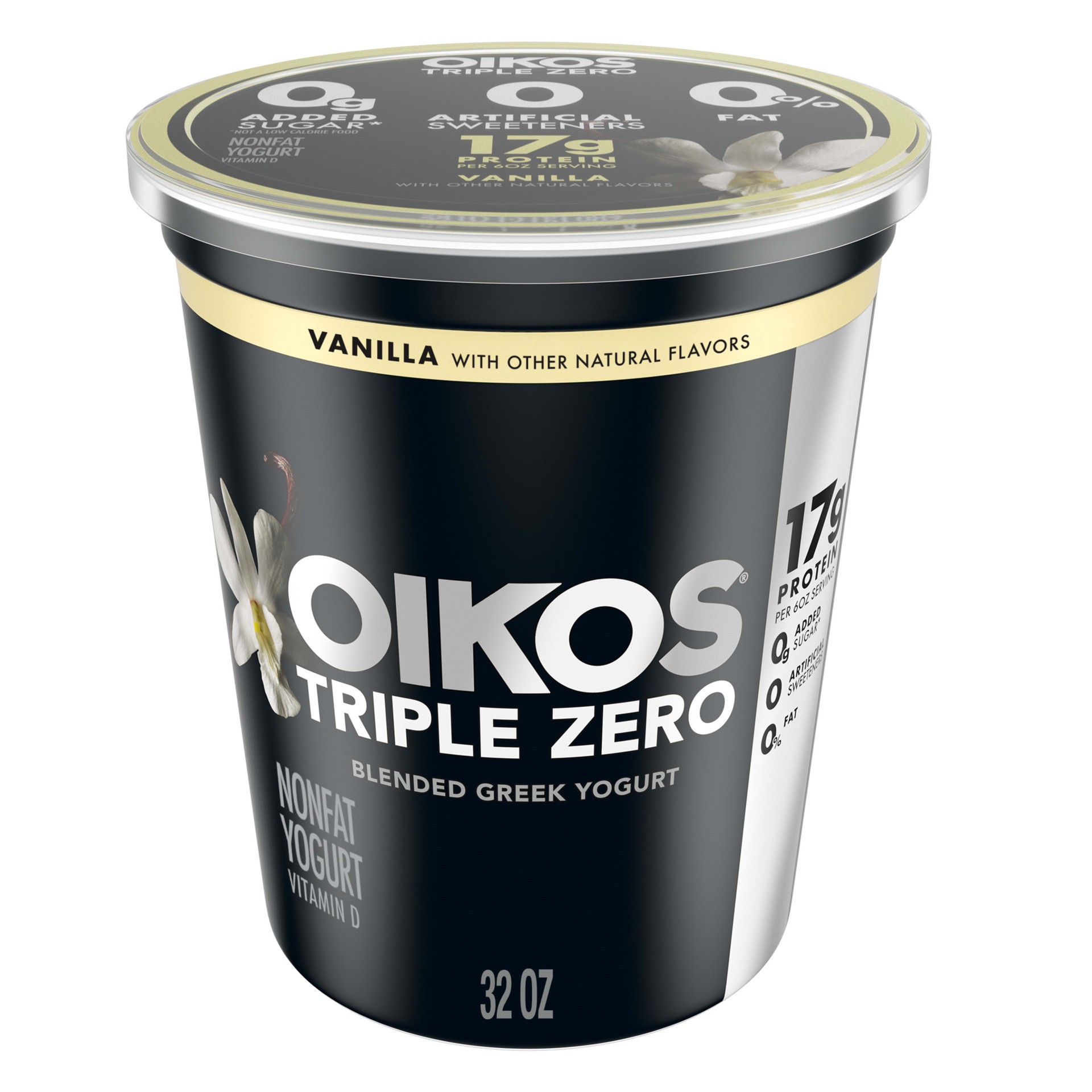 slide 1 of 14, Oikos Triple Zero Vanilla Nonfat Greek Yogurt Tub, 0% Fat, 0g Added Sugar and 0 Artificial Sweeteners, Just Delicious High Protein Yogurt, 32 OZ, 32 oz