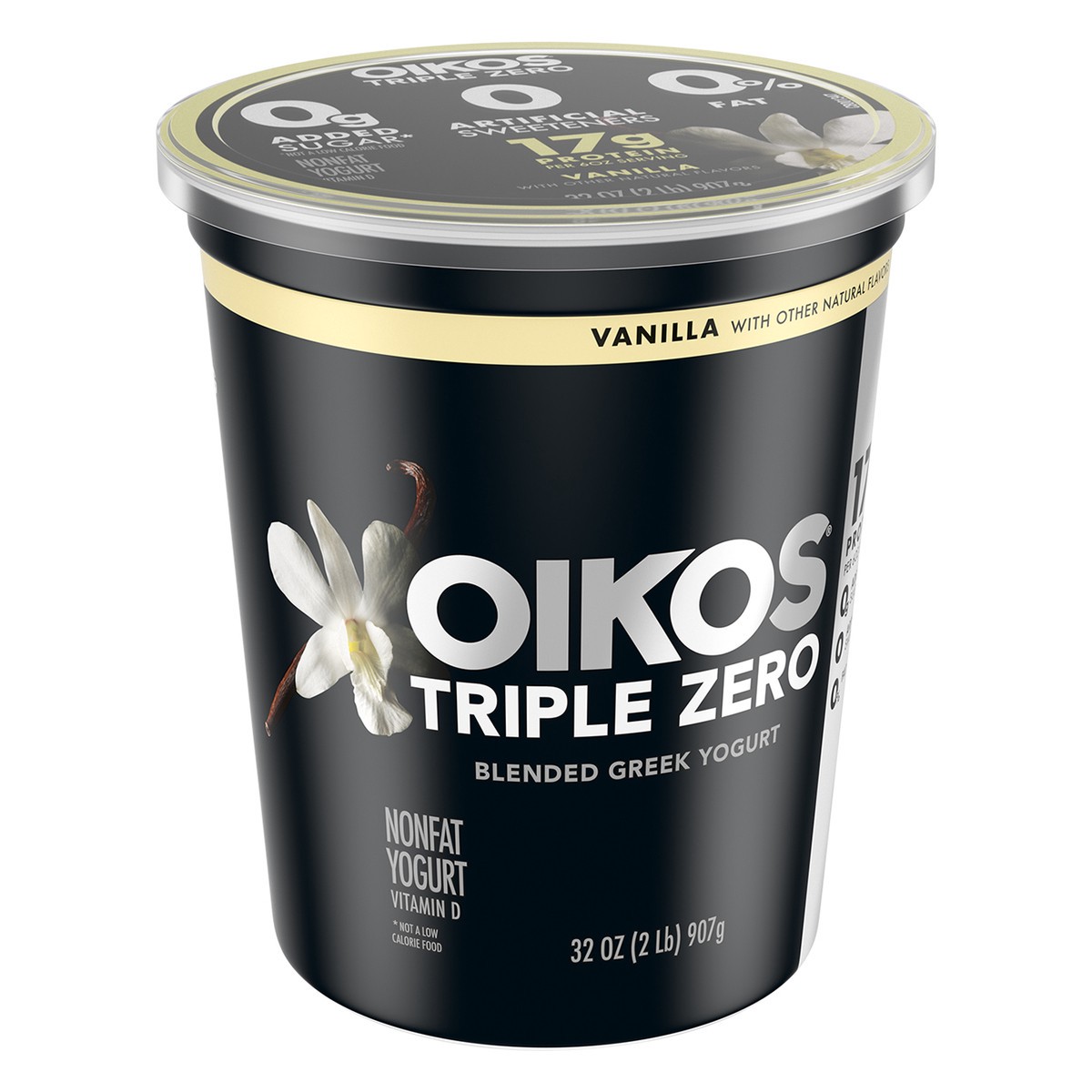 slide 10 of 14, Oikos Triple Zero Vanilla Nonfat Greek Yogurt Tub, 0% Fat, 0g Added Sugar and 0 Artificial Sweeteners, Just Delicious High Protein Yogurt, 32 OZ, 32 oz
