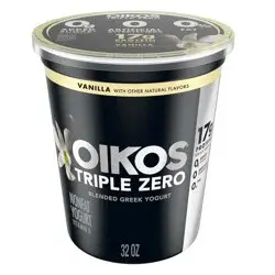 Oikos Triple Zero Vanilla Nonfat Greek Yogurt Tub, 0% Fat, 0g Added Sugar and 0 Artificial Sweeteners, Just Delicious High Protein Yogurt, 32 OZ