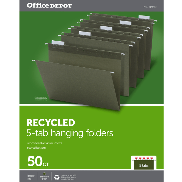 slide 1 of 2, Smead Office Depot Brand Hanging Folders, 1/5 Cut, Letter Size, 100% Recycled, Green, Pack Of 50, 50 ct