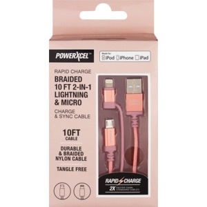 slide 1 of 1, PowerXcel Rapid Charge Braided 10ft 2-In-1 Lightning & Micro Charge & Sync Cable, Rose Gold, 1 ct