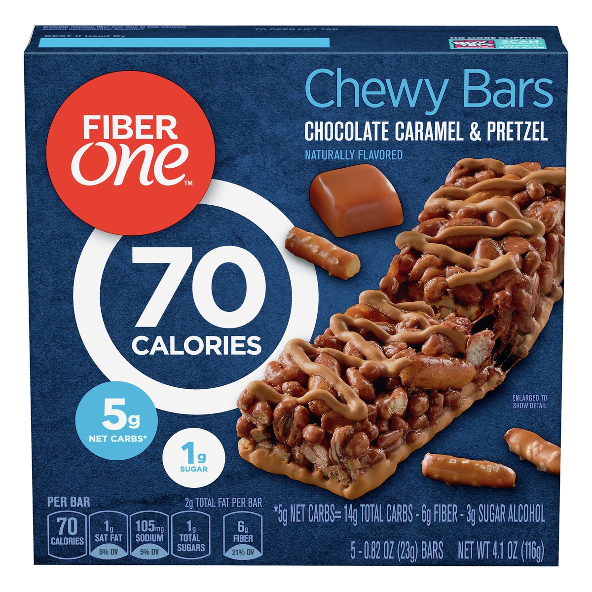 slide 6 of 13, Fiber One 70 Calorie Chewy Snack Bars, Chocolate Caramel and Pretzel, 5 ct, 5 ct