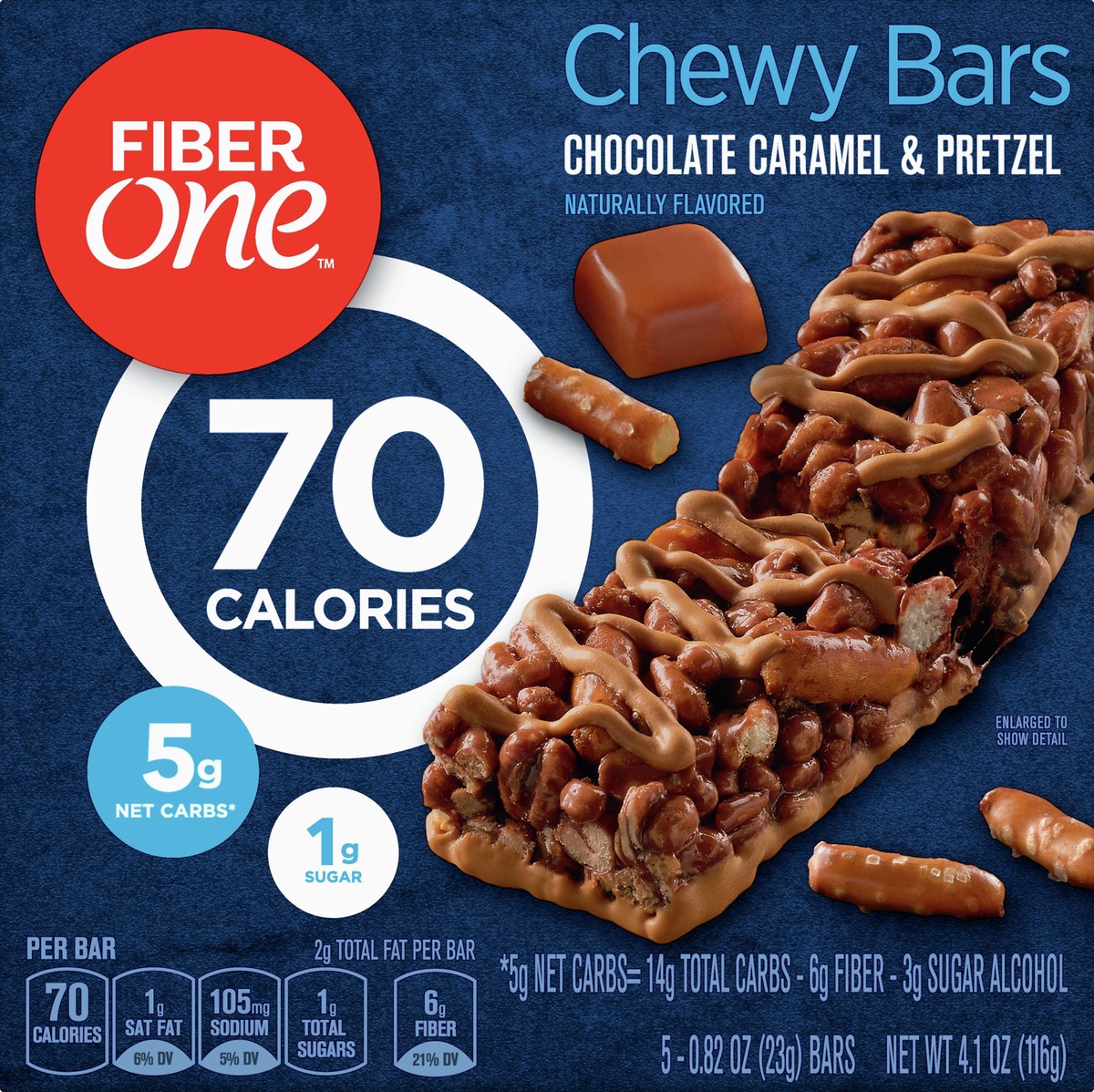 slide 11 of 13, Fiber One 70 Calorie Chewy Snack Bars, Chocolate Caramel and Pretzel, 5 ct, 5 ct