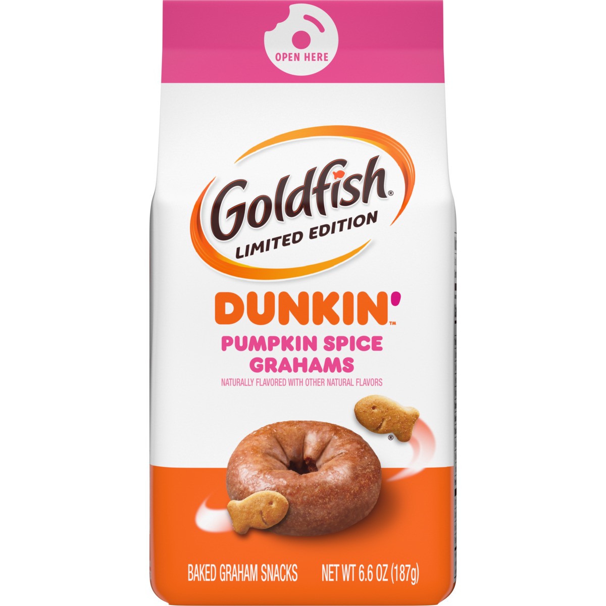 slide 10 of 12, Goldfish Grahams, Limited Edition Dunkin'' Pumpkin Spice Grahams Snack Crackers, 6.6 oz. bag, 6.6 oz