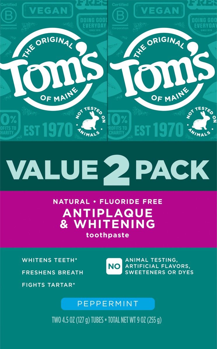 slide 5 of 10, Tom's of Maine Tom’s of Maine Antiplaque and Whitening Toothpaste, Fluoride Free, Peppermint, 2 Pack, 4.5 Oz, 2 ct