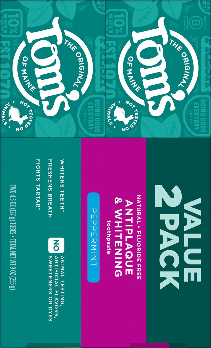 slide 7 of 10, Tom's of Maine Tom’s of Maine Antiplaque and Whitening Toothpaste, Fluoride Free, Peppermint, 2 Pack, 4.5 Oz, 2 ct