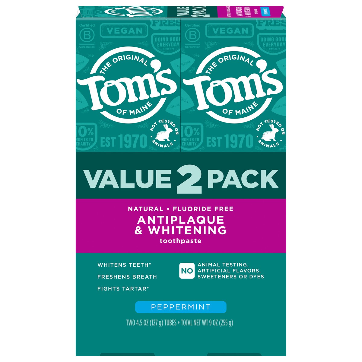 slide 2 of 10, Tom's of Maine Tom’s of Maine Antiplaque and Whitening Toothpaste, Fluoride Free, Peppermint, 2 Pack, 4.5 Oz, 2 ct